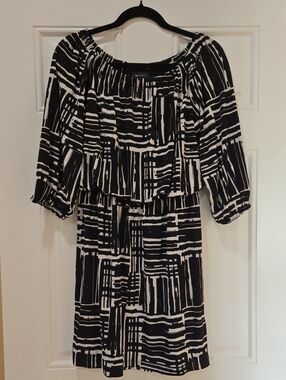 AB Studio Black and White Geometric Midi Dress